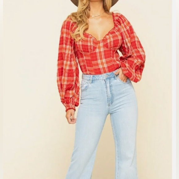 Free People red & orange plaid vintage crop top princess sleeves corset shape M - Picture 3 of 4